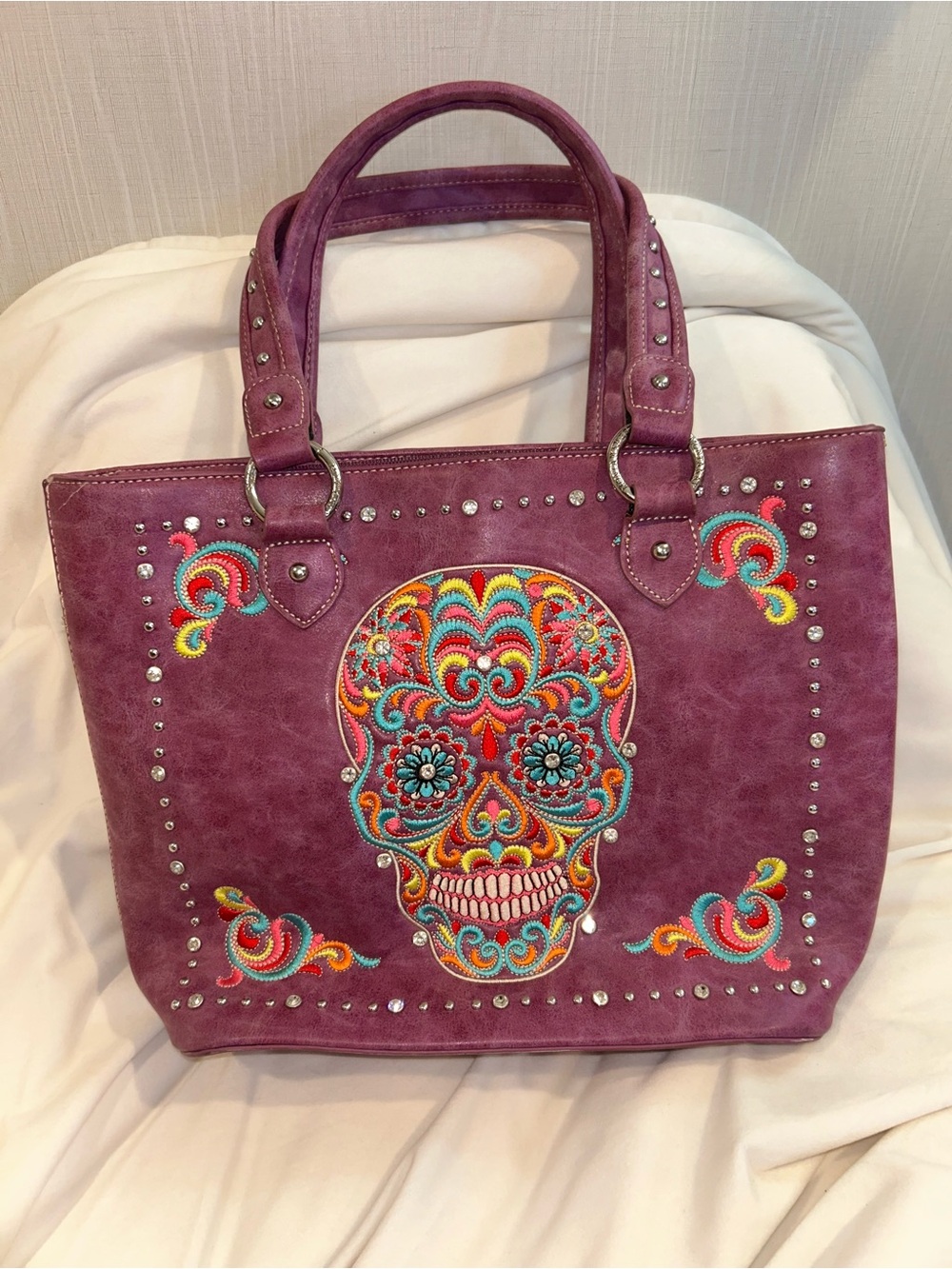 Montana West Purple Embroidered Sugar Skull Tote Bag with Stud Details